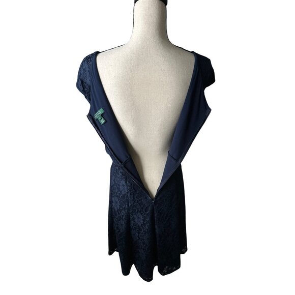 Lauren Ralph Lauren Navy Lace Evening Dress Midi Cap Short Sleeve Waist Size 18 - Picture 7 of 9